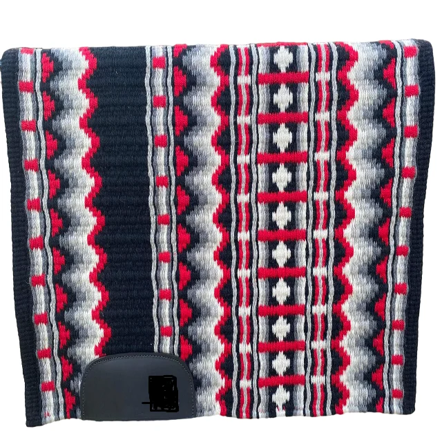 RED SHOW PAD BLACK BASE SADDLE PAD WITH GUN METALSHADES NEWZEALAND YARN SADDLE PAD AND BLACK WEAR LEATHERS
