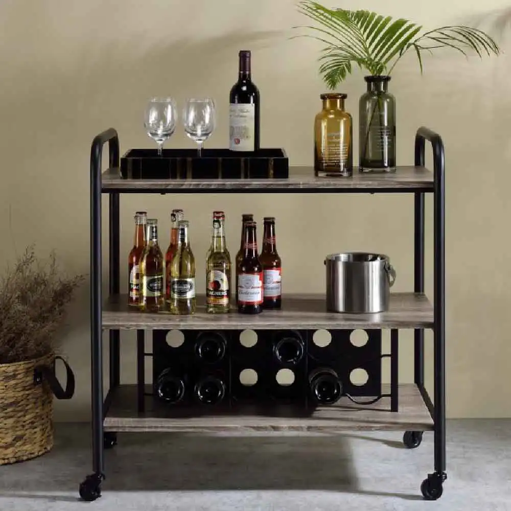 [Holar] Taiwan Made 3 tier Wooden Pattern Shelf Restaurant Hotel Serving Bar Cart with Wine Rack