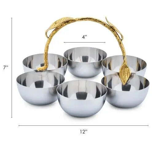 Metal Decorative Bowl with brass gold leaf handle Set of 6 small round metal salad personalized mixing stainless steel bowls
