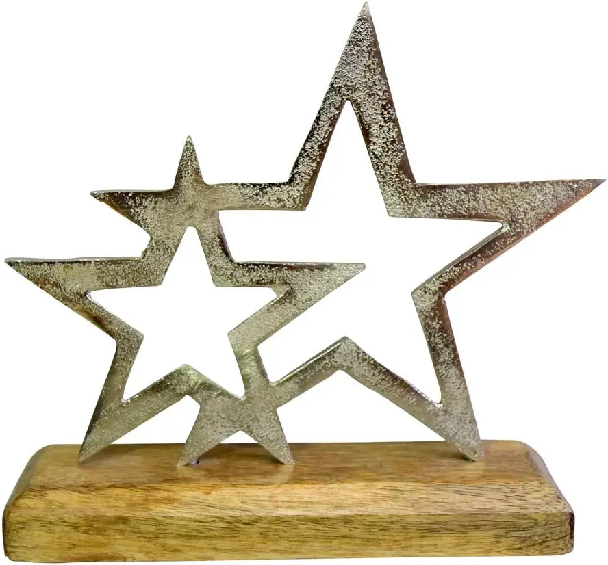 High Quality Unique Design Aluminum 2 Star Sculpture on a Wooden Base Luxury For Home Living Room Tabletop Abstract Figurines