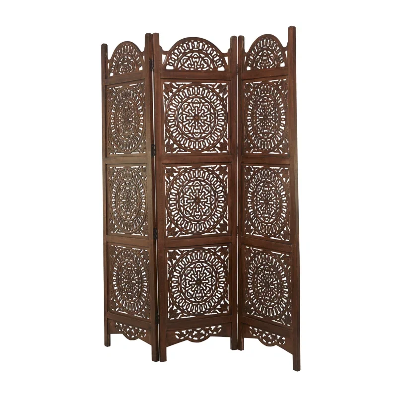 Bohemian Style Natural Wood Single Folding 3 Panel Room Divider Partition Screen in Brown Color for Home Hotel Living Room