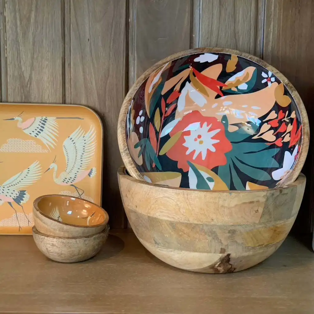Hot Selling Enamel Printed Wooden Salad Bowl with Fancy Style Salad Mixing Bowl from Indian Supplier