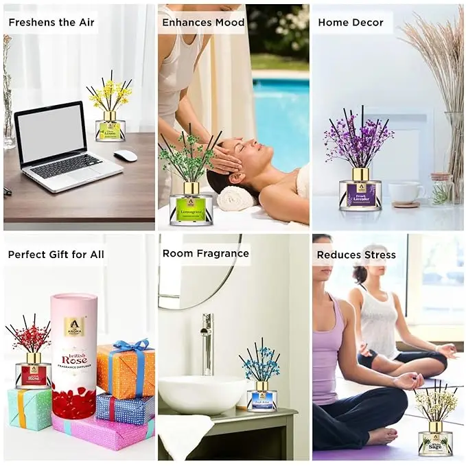 Diffuser Set with Essential Oil, Aroma Sticks & Preserved Flowers | Luxury Home Decor Scent French Lavender, 60Ml With Gift Box