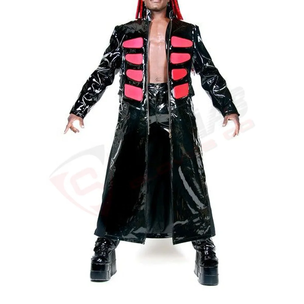 Blacked Goth-fetished Leather Men Trenched Gothic-Coat