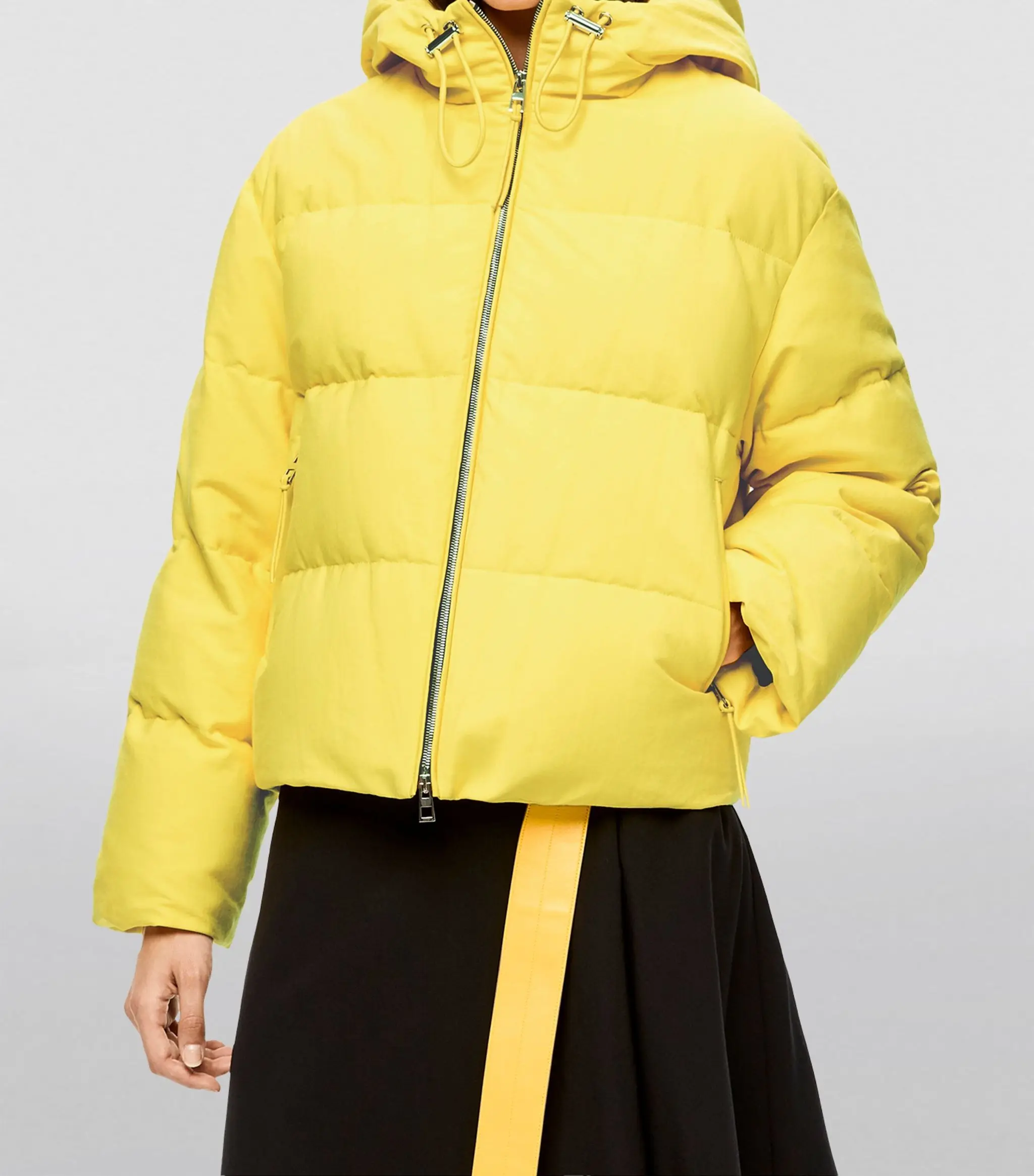 Customized Logo Puffy Padded Short Puff Jacket Winter Windproof Hooded Puffer Coat Men Women Yellow Color Safari Jacket Style