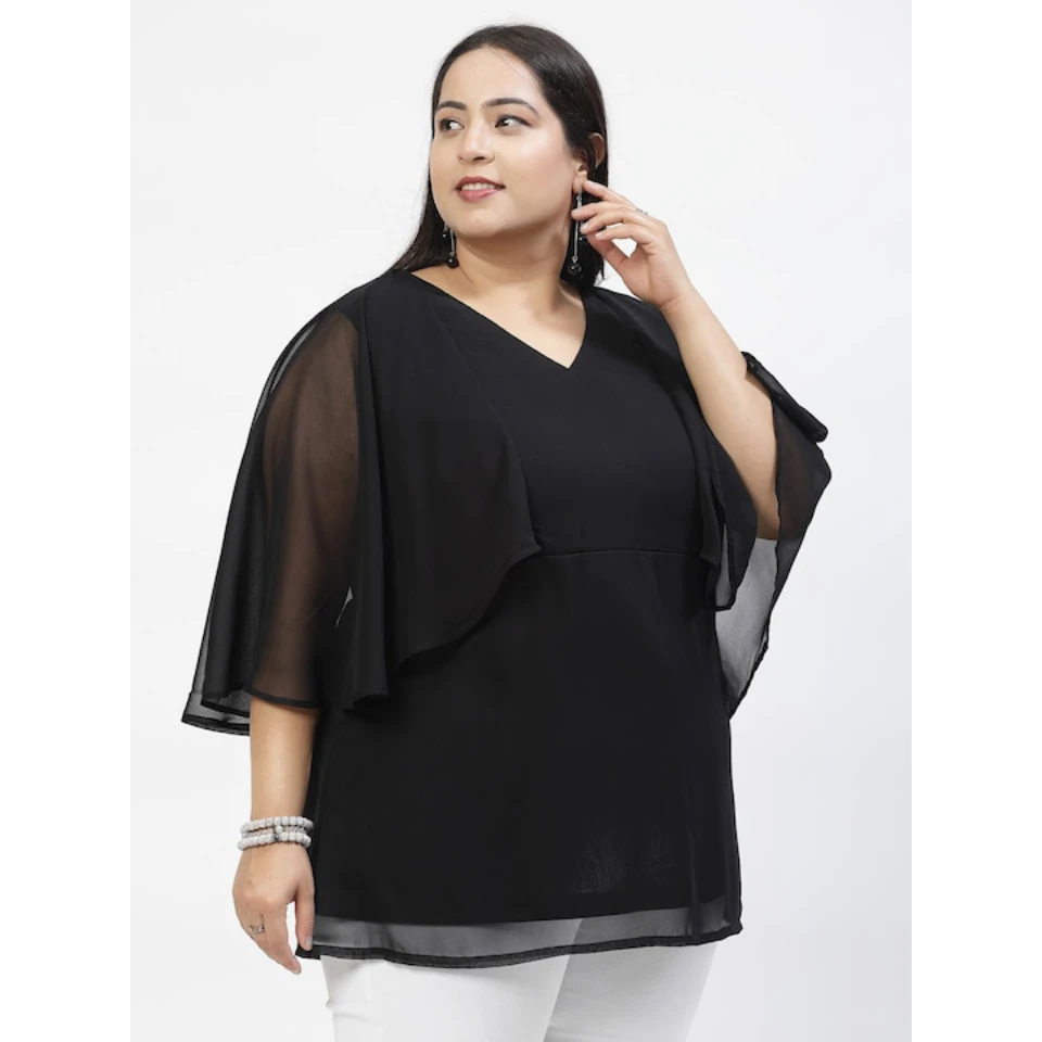2024 NEW ARRIVAL CUSTOM BLACK PEPLUM TOP WITH CAPE SLEEVES ELEGANT CASUAL CLASSIC WOMEN TOP FOR SUMMER