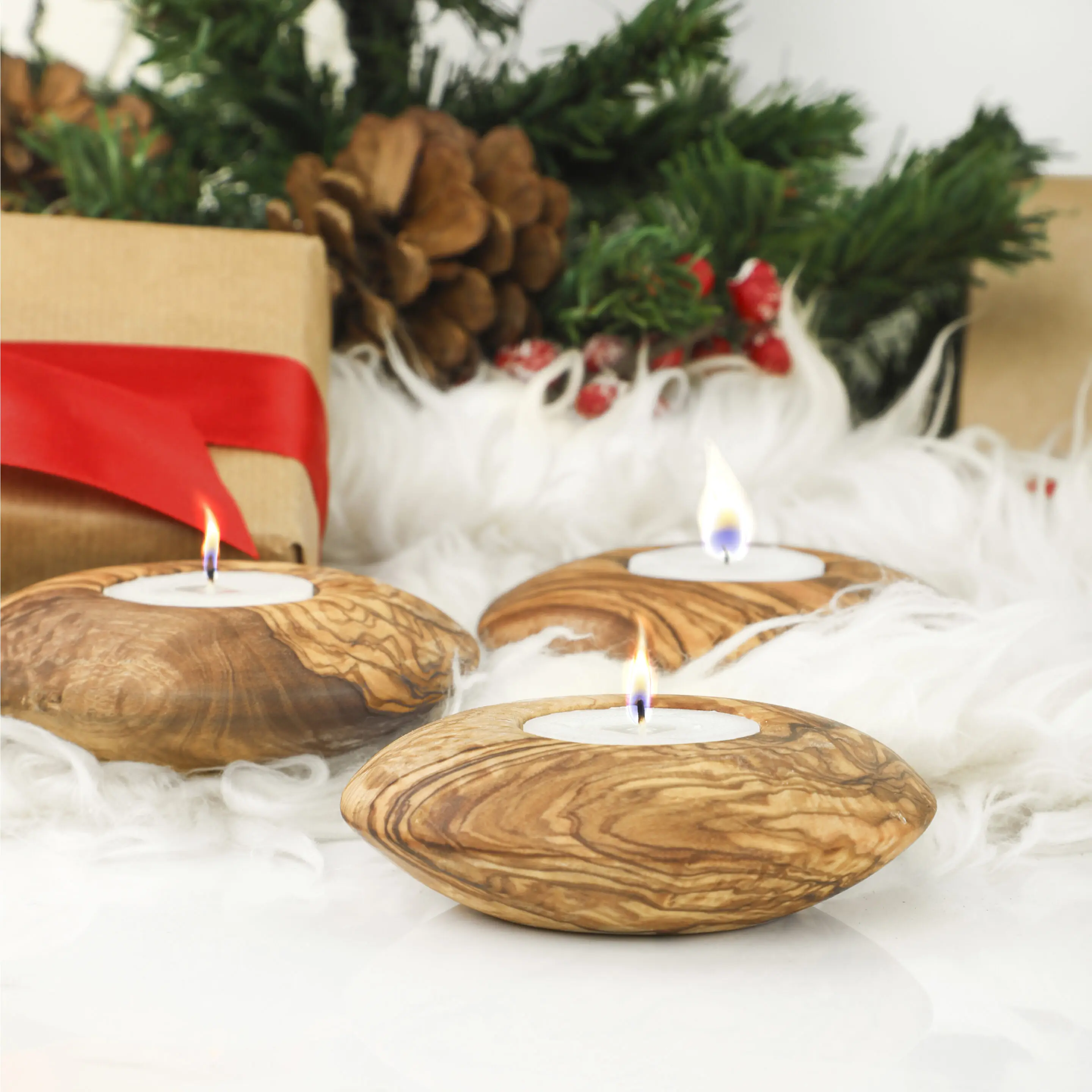 Handmade Olive Wood Tea Light Candle Holder - Natural Wooden Rustic Decor for Home Eco-Friendly Candle Display