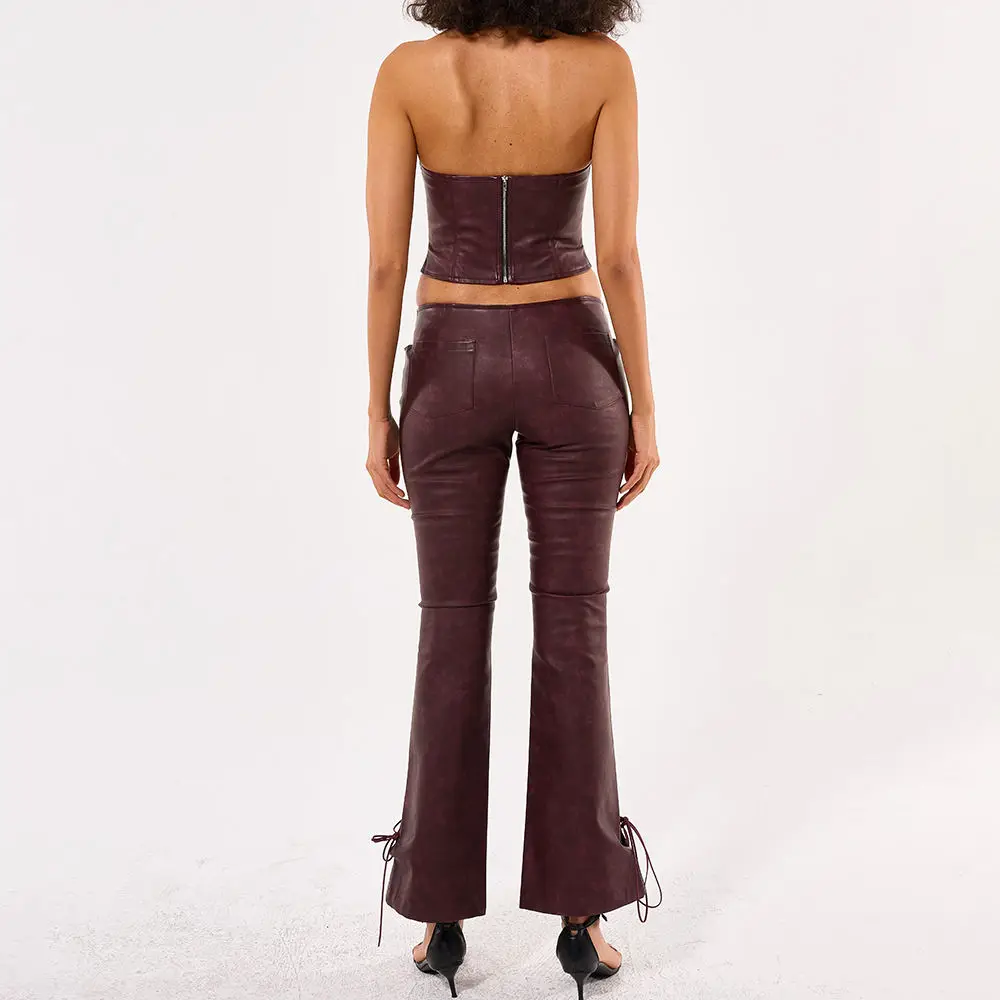Custom Logo Faux Leather PU Women 2 Piece Set Outfits Halter Neck Crop Top and Wide Leg Pants Set