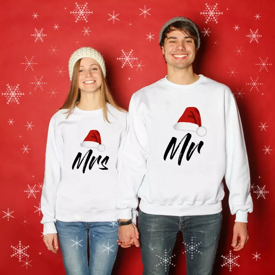 Mr and Mrs Couple Christmas Sweatshirt Merry Christmas Husband & Wife Pullover Lovely Couples Hoodies Long Sleeve Hoodie In OEM