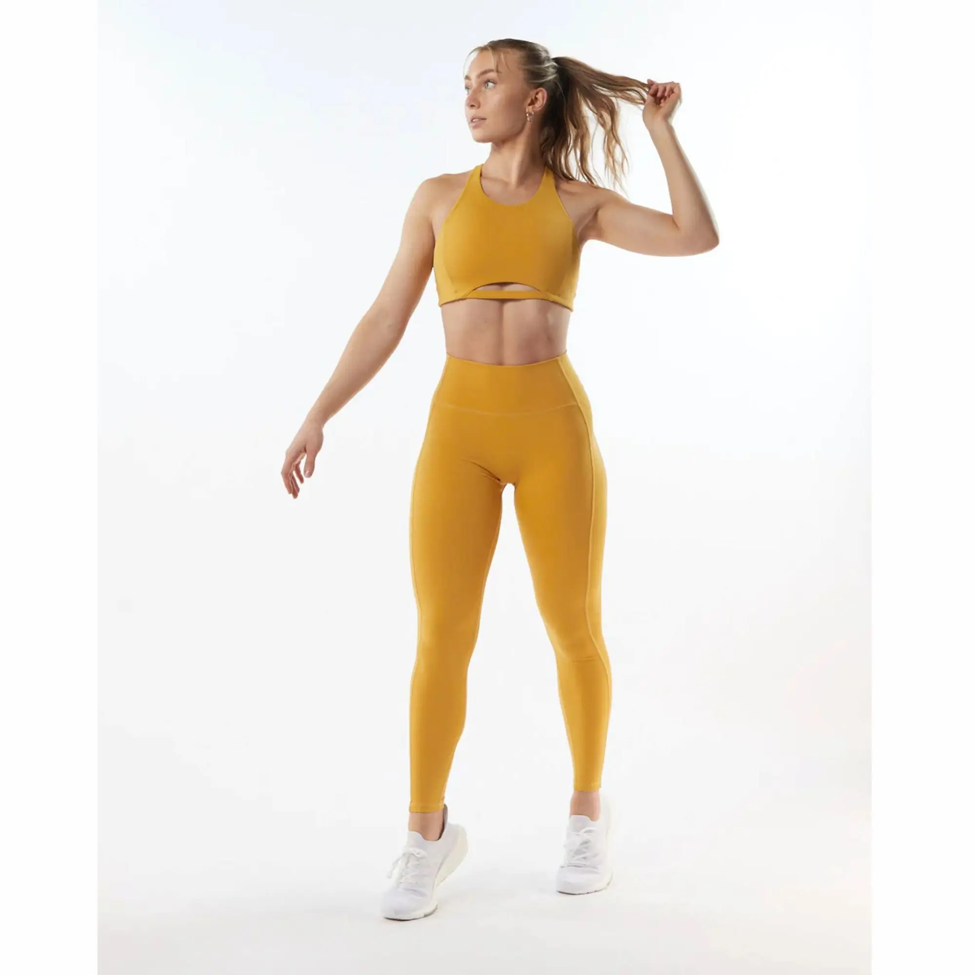 78%Nylon22%High Neck Style Fit Racer Back Bindingless Hem Womens Breathable Medium-Support One Piece Exotic Yellow Sports Bra
