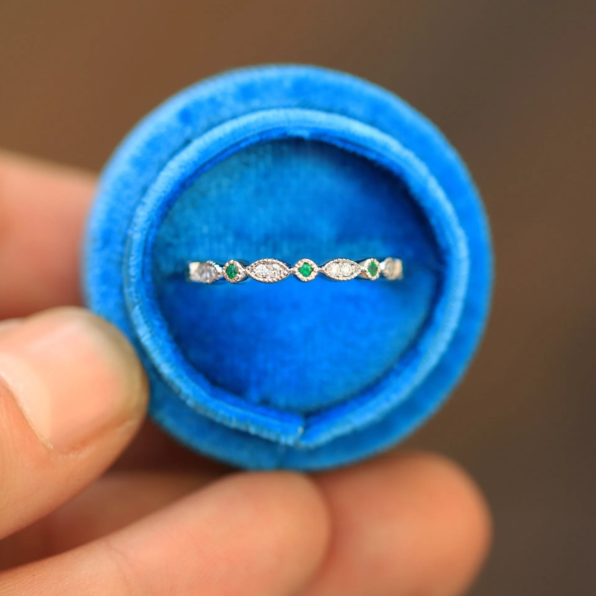 Hot Selling Round Cut Moissanite And Emerald Engagement Ring For Women Alternating Diamond Art Deco Wedding Band White Gold Band