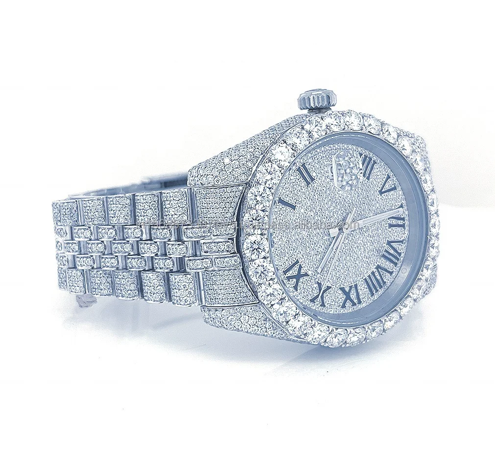 Luxury Automatic Watch Fully Iced VVS Clarity Moissanite Diamond Stainless Steel Roman dial mechanical calender branded watch