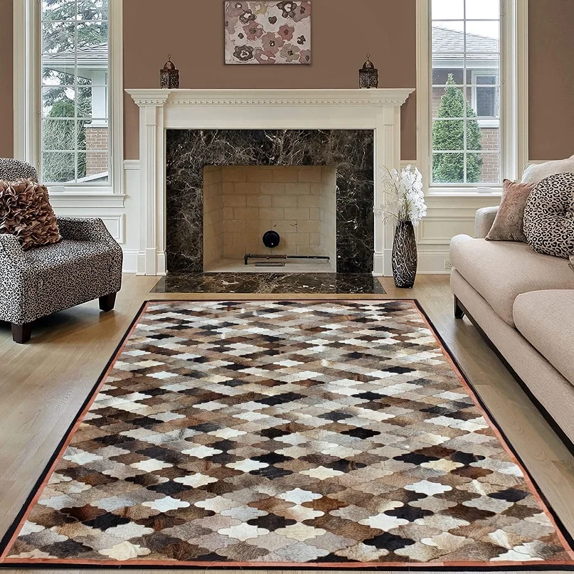 Pure Genuine cow Leather Modern design Colorful Hair on Handmade Patchwork Leather cowhide Area rug