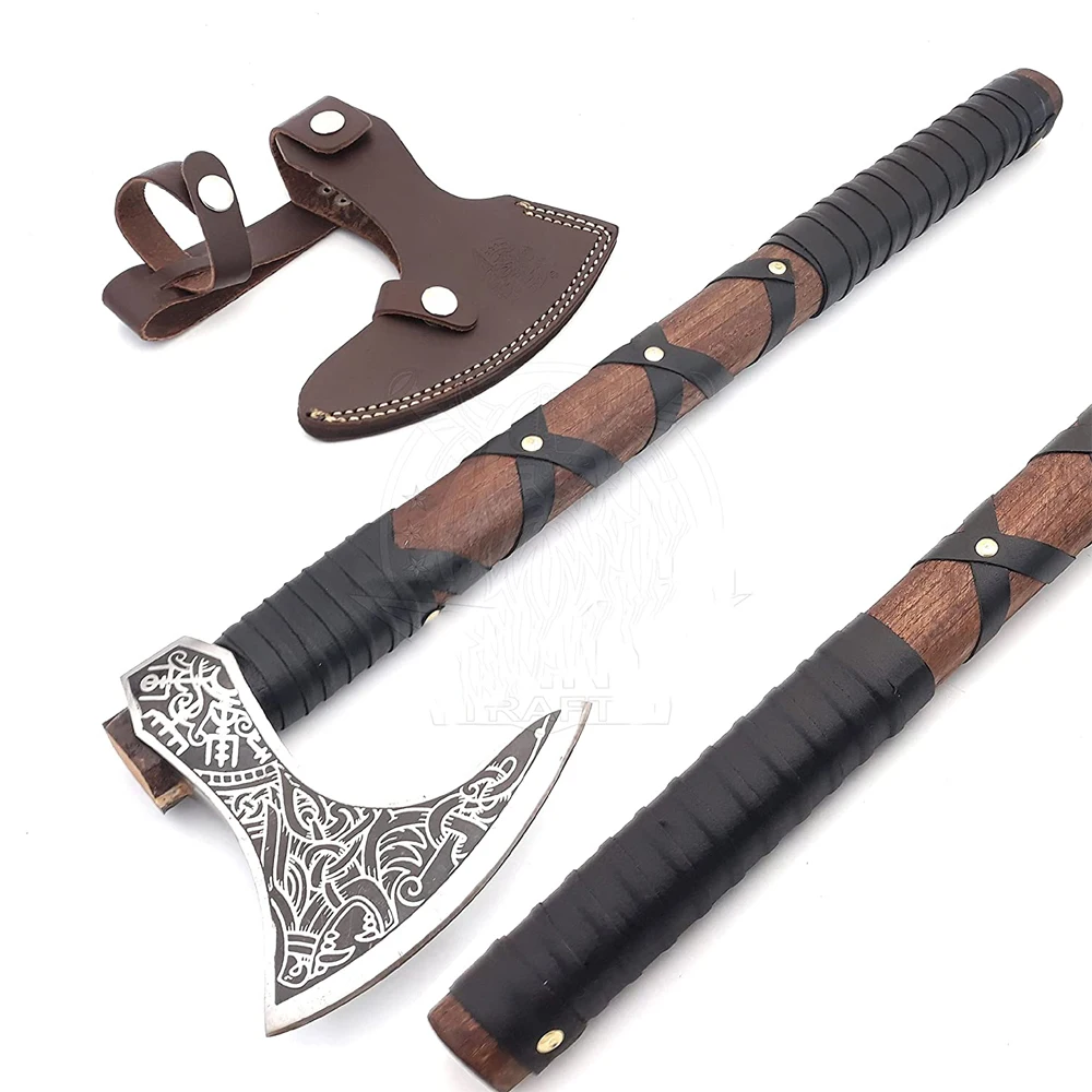 High Quality Carbon Steel blade wood Handle Hatchet Axe Outdoor Hand Forged Camping Axe With Protected Cover