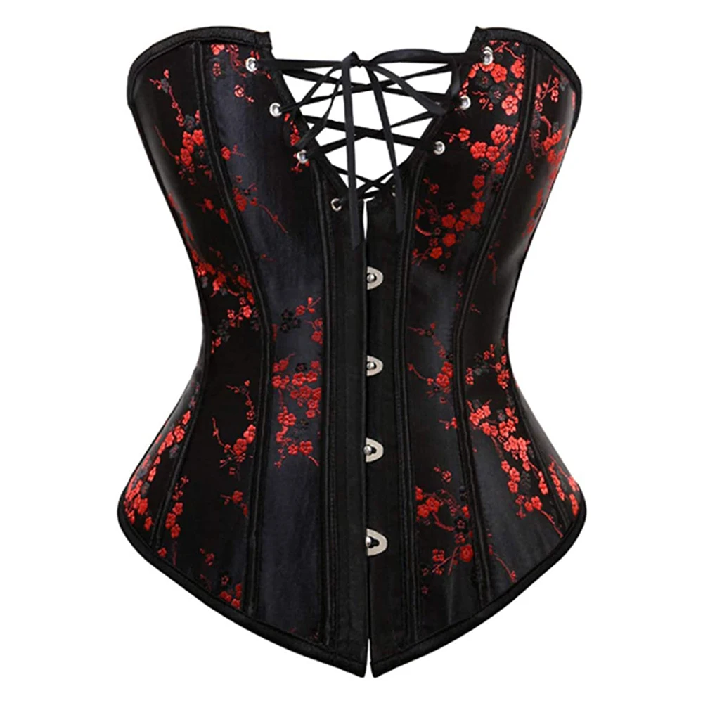 Womens Steel Boned Satin Overbust Waist Training Brocade Corset