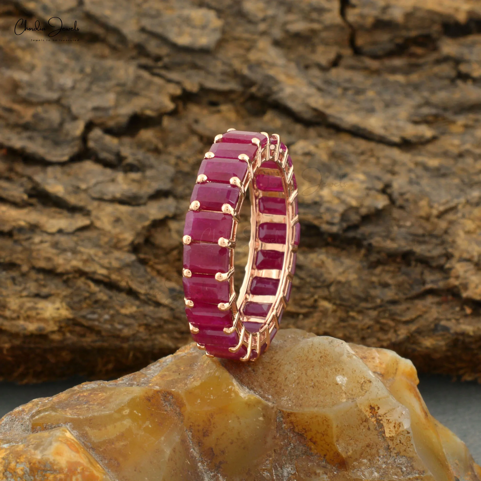 Ruby Full Eternity Band 5X3mm Octagon Cut Gemstone Stackable Ring 14k Rose Gold Prong Set Ring Jewelry Manufacturer From India