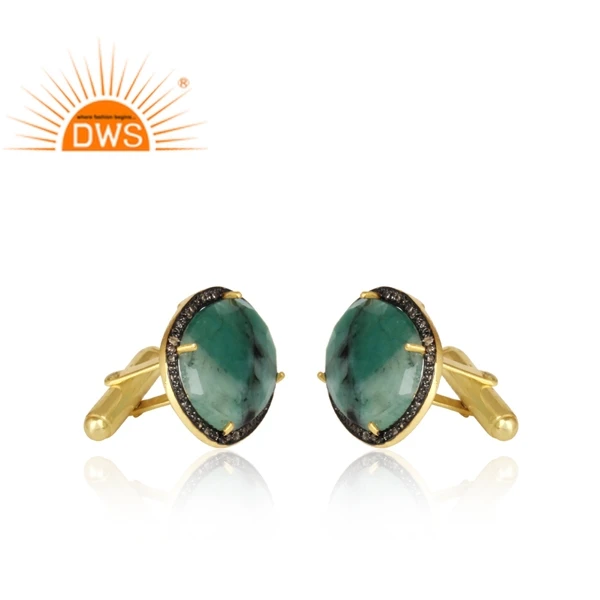 Hot Selling Sterling Silver Natural Diamond And Emerald Gemstone Cuff Link Custom Jewelry Manufacturer