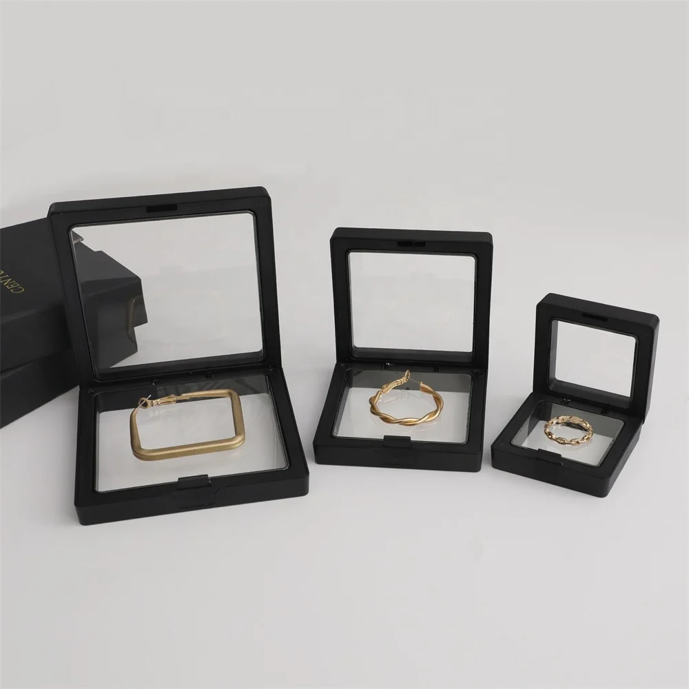 Custom logo 9.5*9.5cm Black Jewelry box Transparent PE Film Display Box   Bracelet Ring Earring Packing Box  With logo