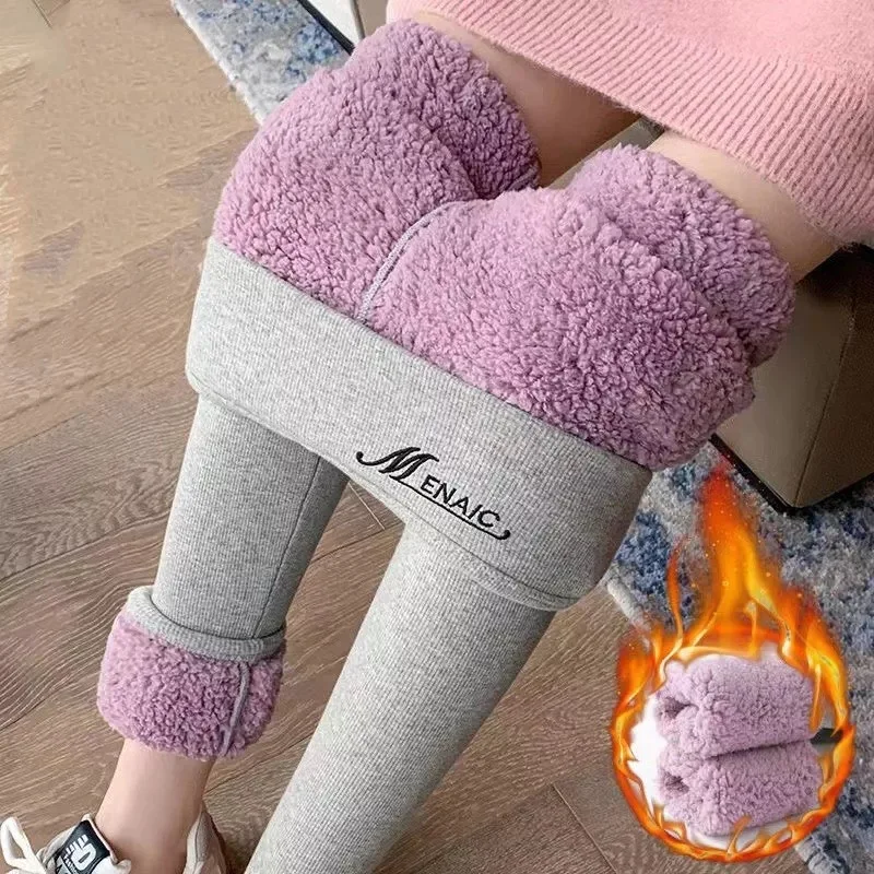 Winter Super Thick Plush Thermal Women Pants Tights Fashion Vertical Stripes Thin Leg Fleece Fuzzy Warm Women Leggings