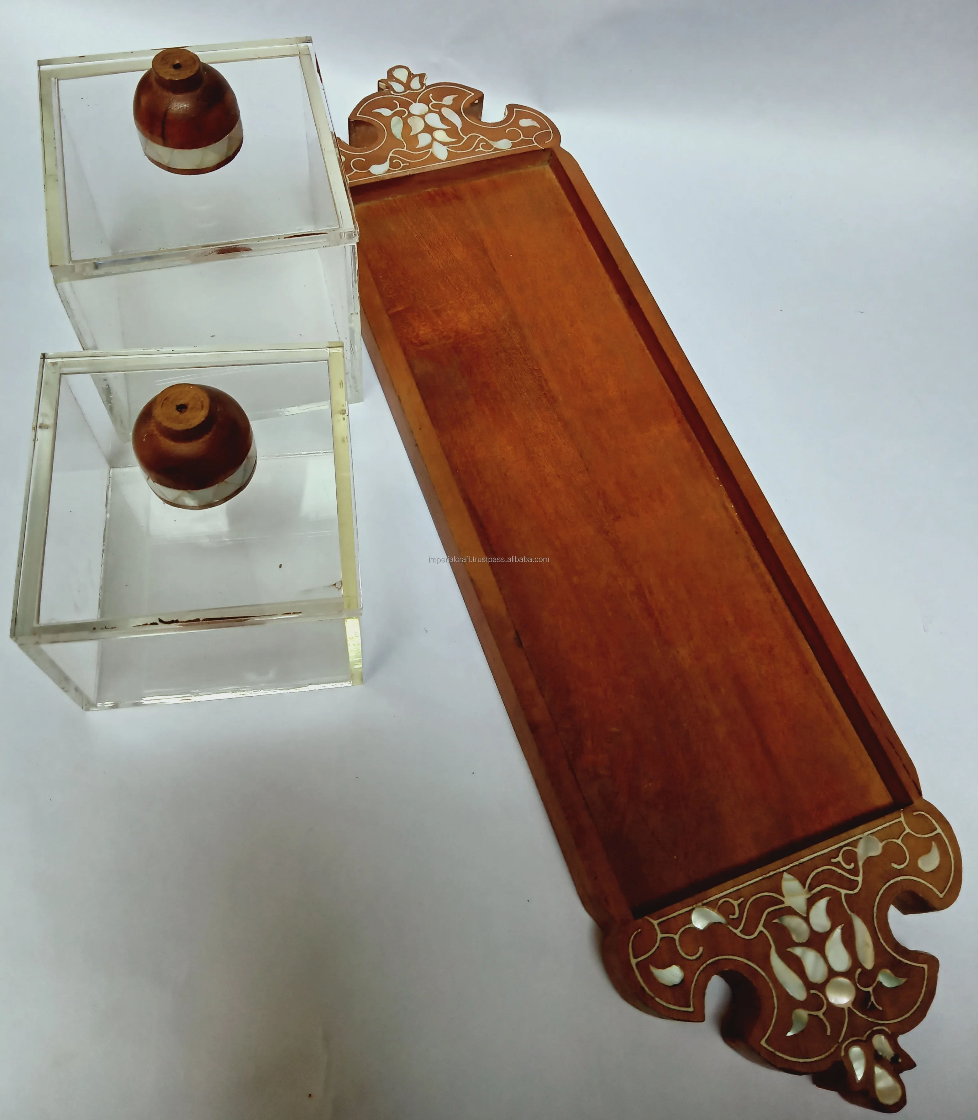 trending design acrylic and acacia wood serving tray with two chocolate boxes decorative work of mother of pearl