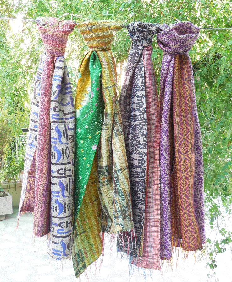 Indian Hand Quilted Neck Wrap Kantha Scarf Silk Stole Dupatta Scarves Vintage Antique Long Reversible Scarf
