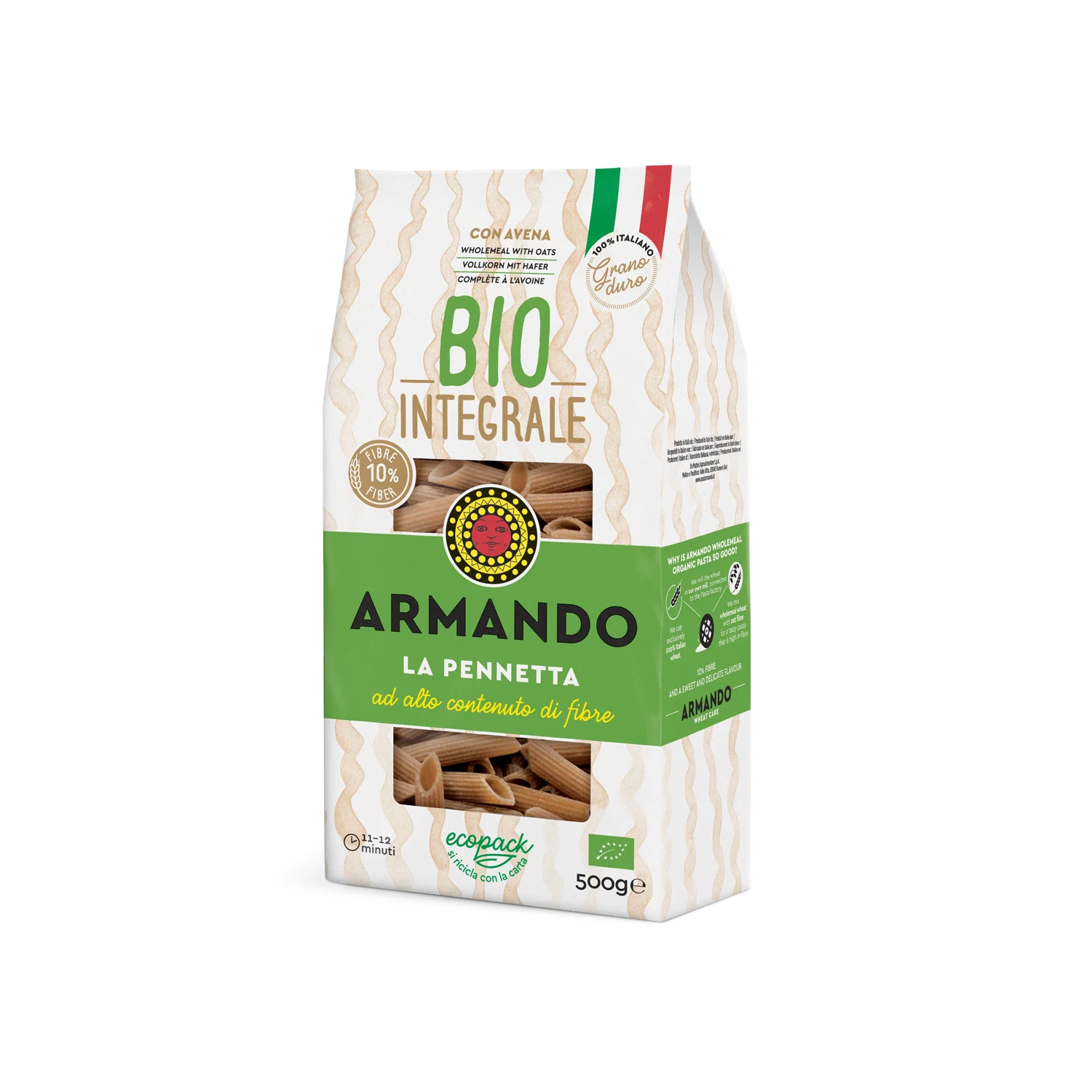 Italian Quality Pasta Bronze Die Organic Durum Whole Wheat Dry Pennetta Pasta 500g in bag for sale