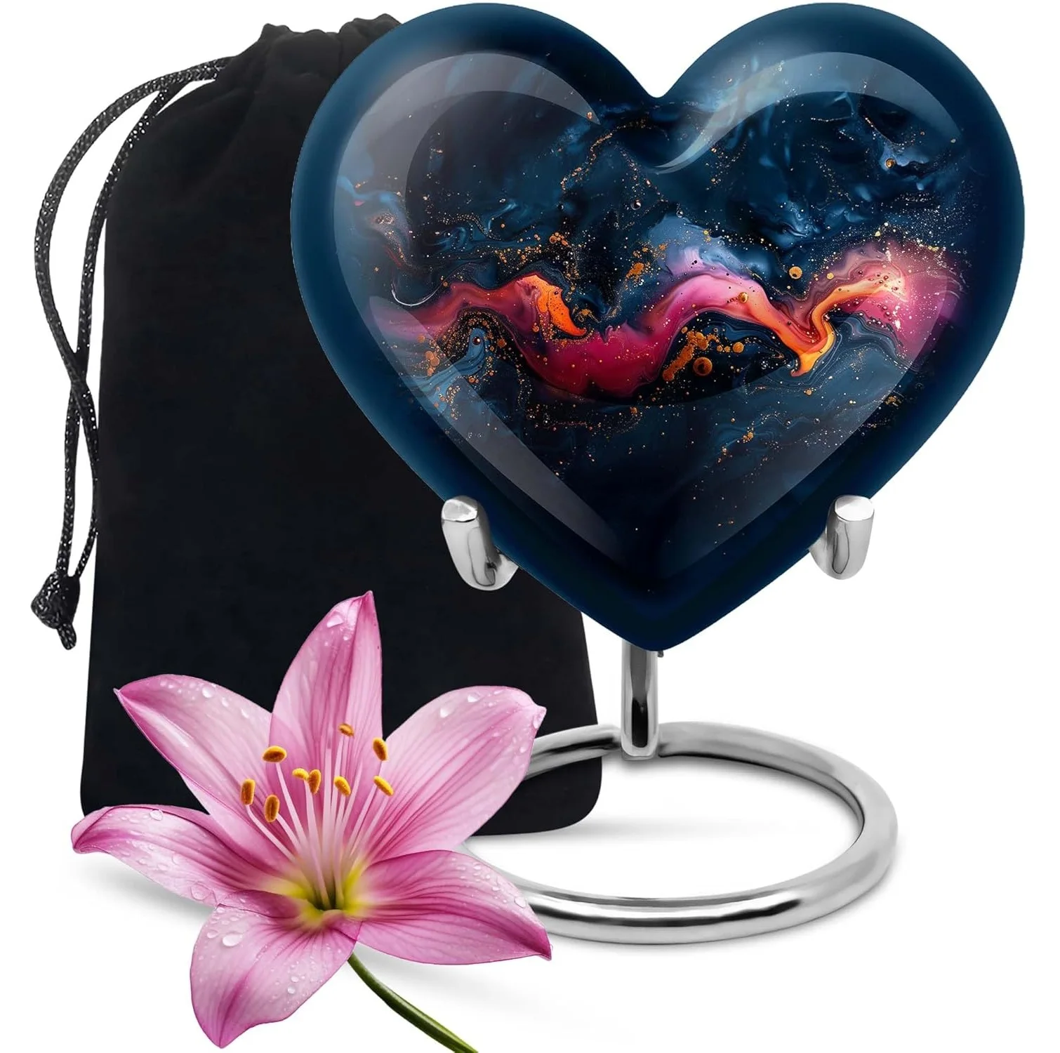 Celestial Breeze 3 Inch Heart Funeral Urn Blue Wooden/Metal/Brass Keepsake Urn for Ashes for Pet & Human Cremation