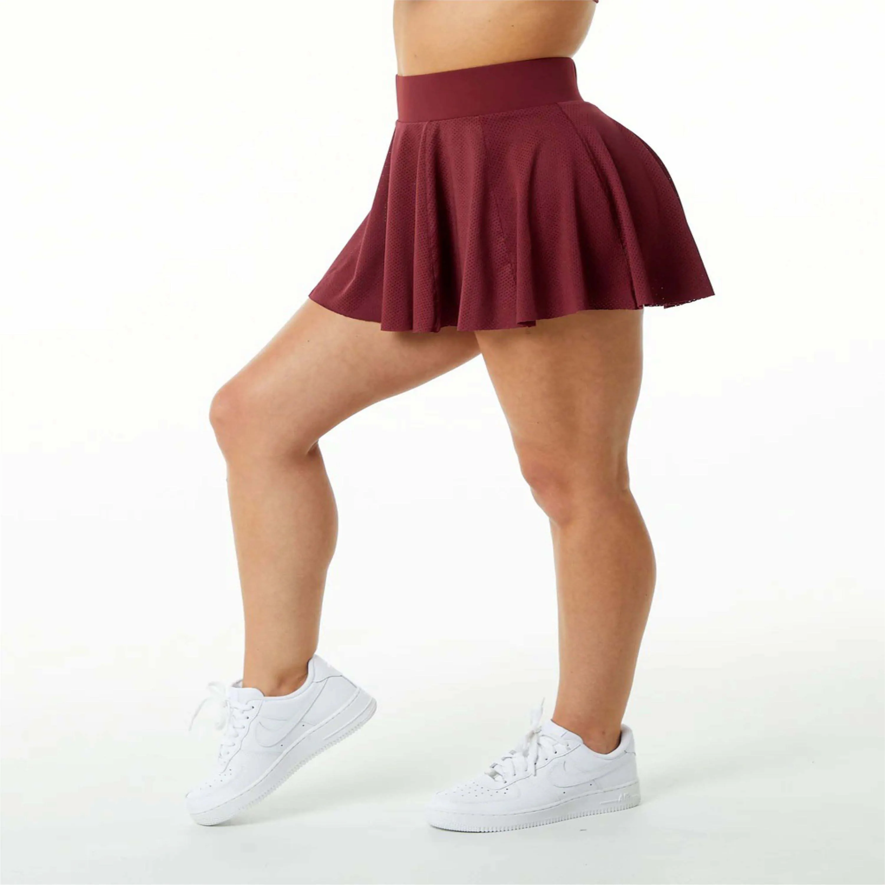 100% Polyester Jersey Knit Womens Compression Lined Mesh High Waisted Crimson Skirt with Compression Lined Short Breathable