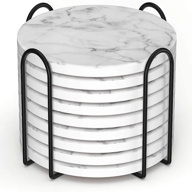 Wholesale High Quality Marble Coaster Set of 4 white Marble Coaster Set Round Natural Coasters with Gold Edges