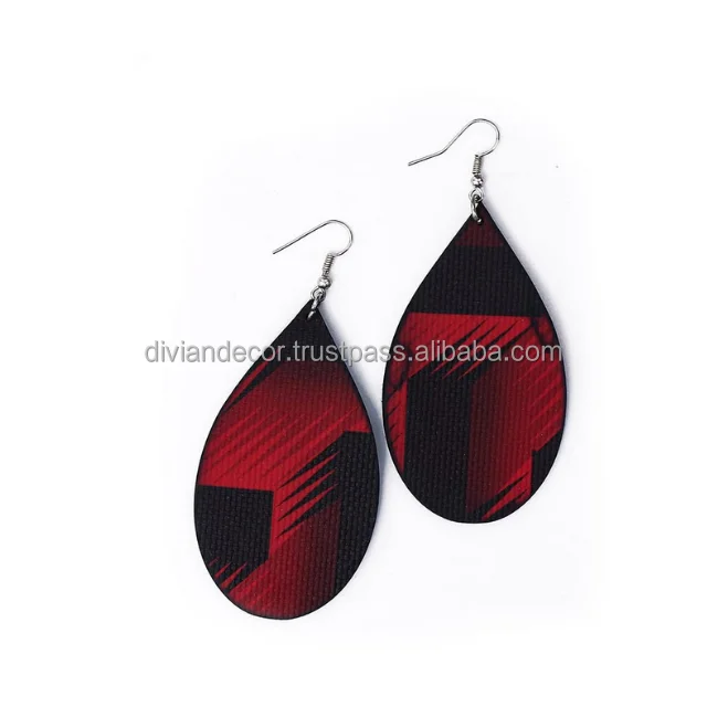 Hoop Tear Drop Earrings Red Color PU Leather Jewelry Model For Women Girls Custom Logo PU Leather Hot Selling Earring For Sale