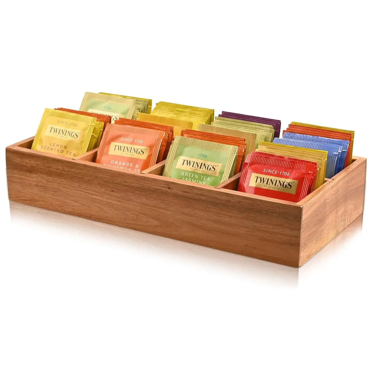 Acacia Wooden Tea Bag Storage Organizer 8 Compartment Tea Storage Box with Removable Divider Low MOQ for Packaging Use