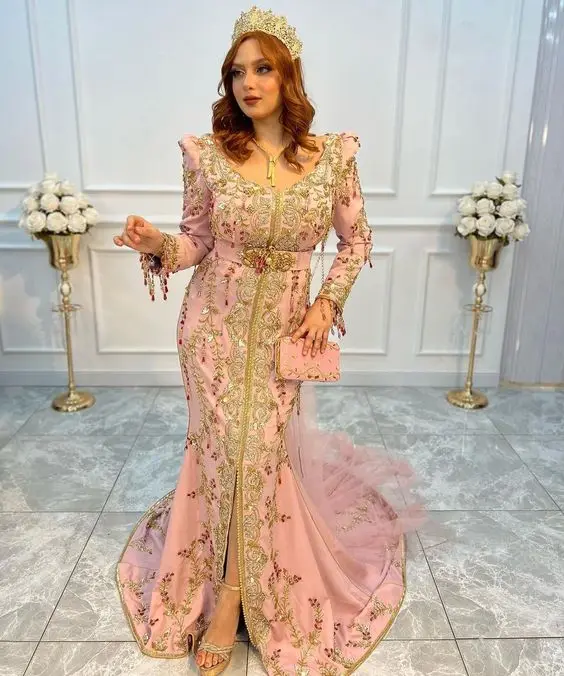 stylish embroidery work on baby pink caftan dress with embellished crystal glass beads,stone,sequence, dabka work @ 2024