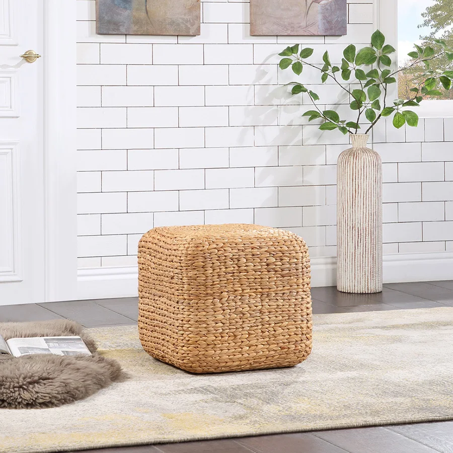 Handbraided natural ottomans water hyacinth floor cushion seat chair square ottoman living room poufs