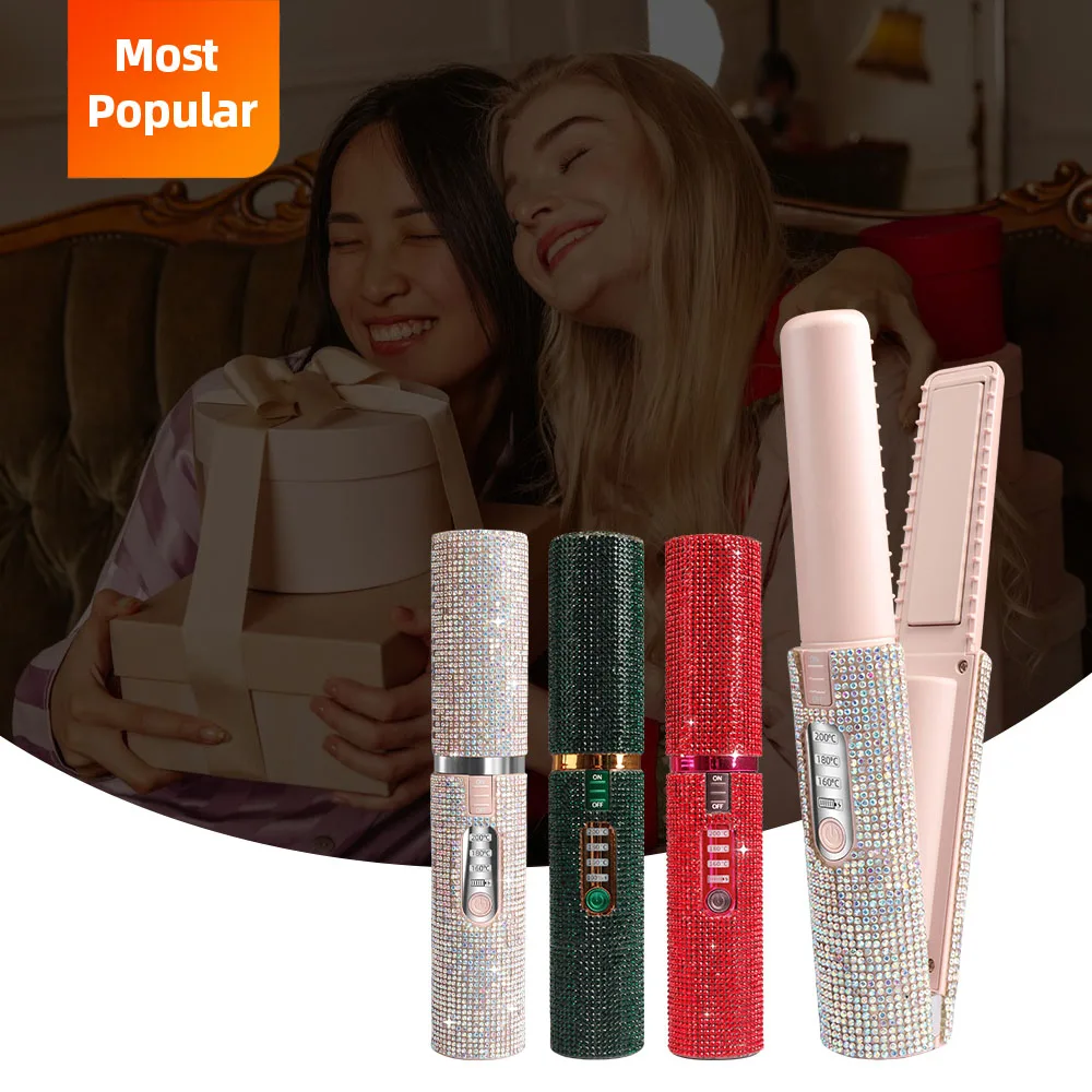 portable mini diamond wireless rhinestone hair straightener usb rechargeable cordless ceramic flat  iron gemstone shiny