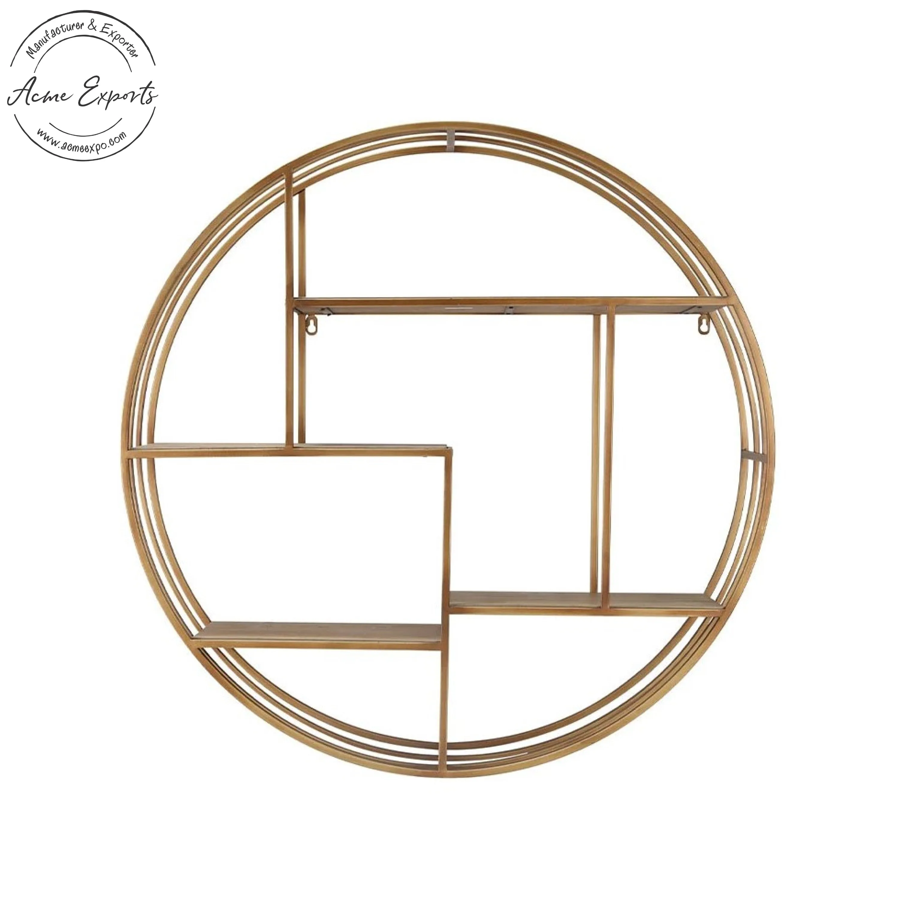 Classic Design Large Round Iron Decorative Floating Wall Shelves with Gold Finished Used for Wall Shelving Interior Decoration.