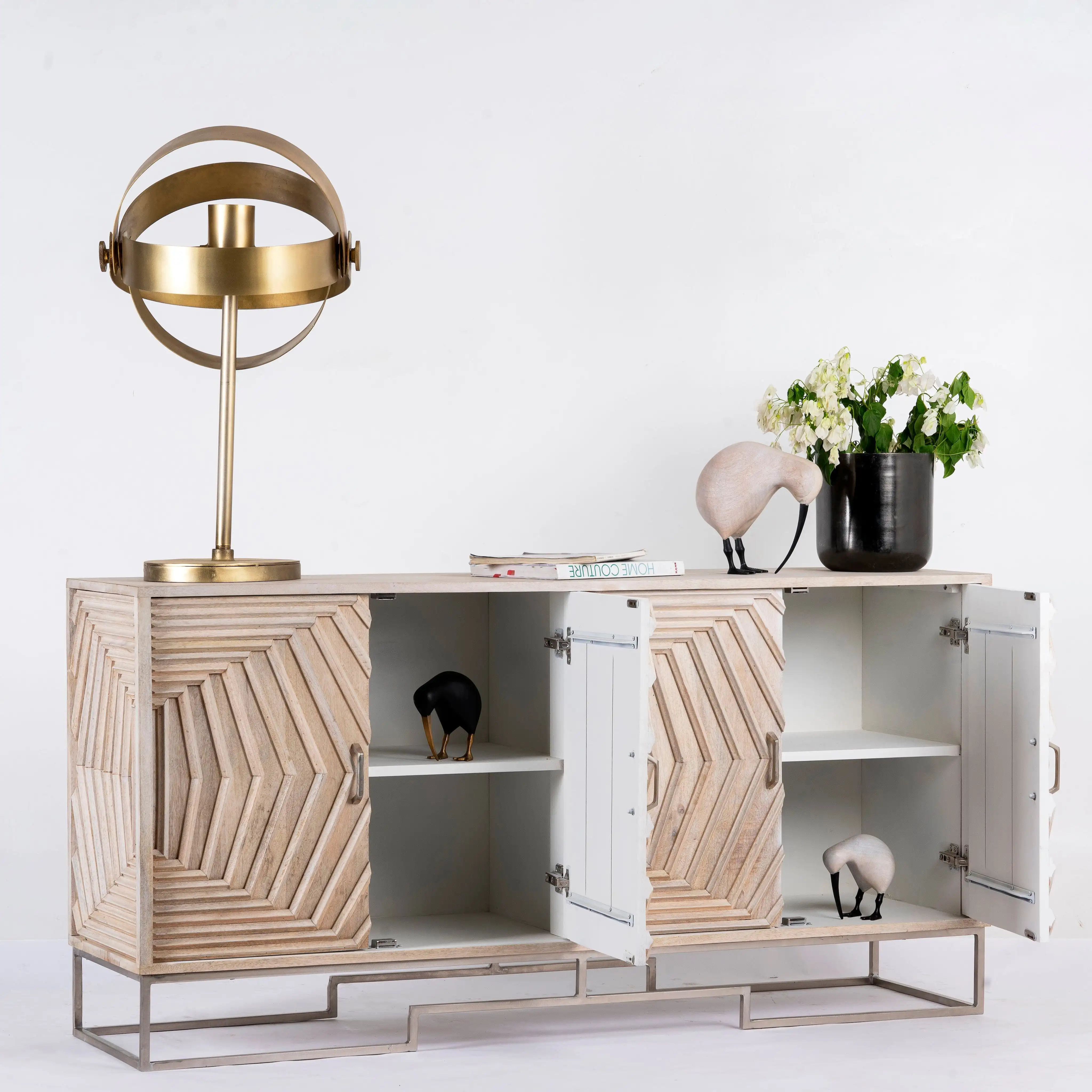 carved line design  natural mango wood nickel-plated iron sideboard