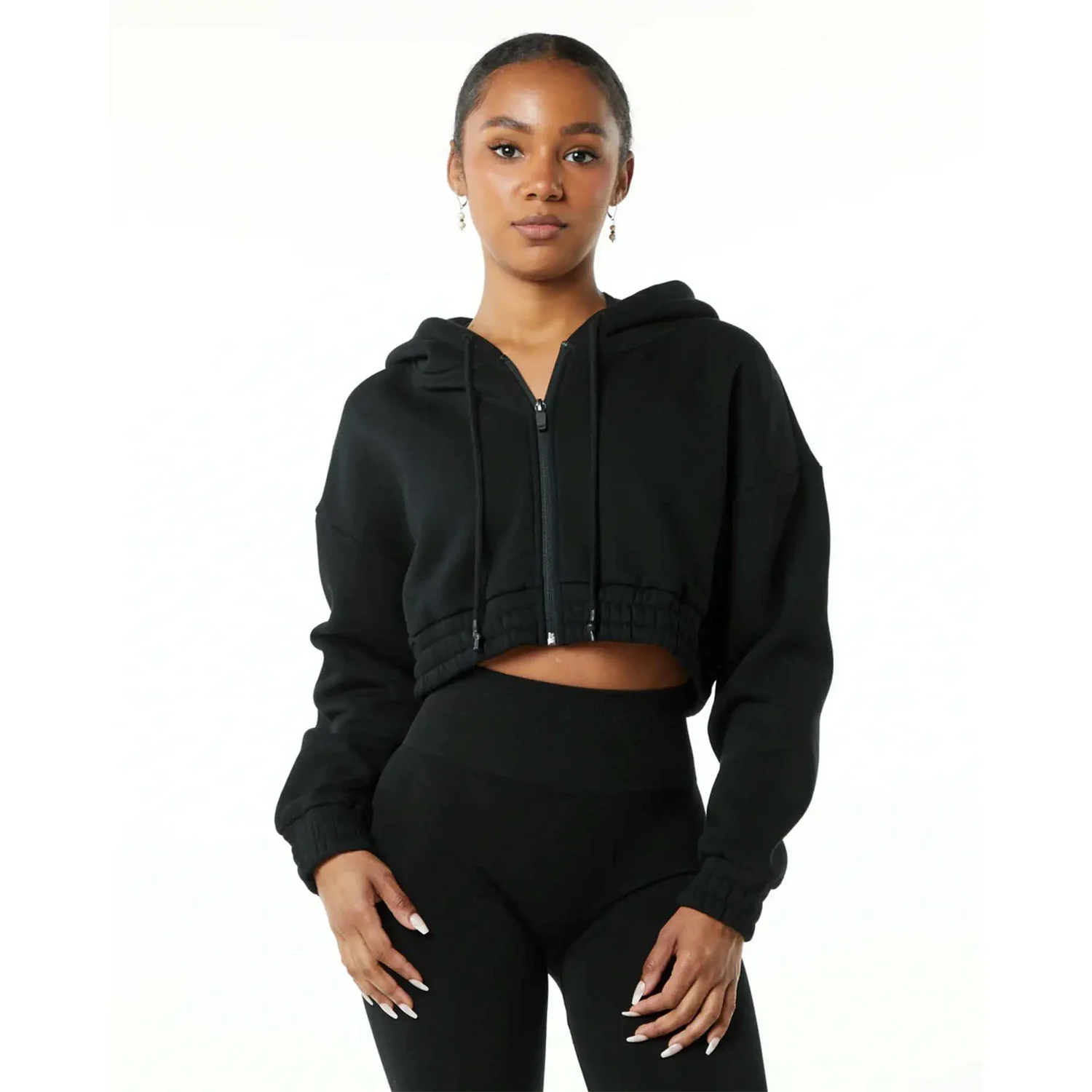 Customized Womens Fleece 2 Piece Outfits Sweatsuit Crop Hooded Pullover Sweatshirt Top straight Jogger Sweatpants Tracksuits Set