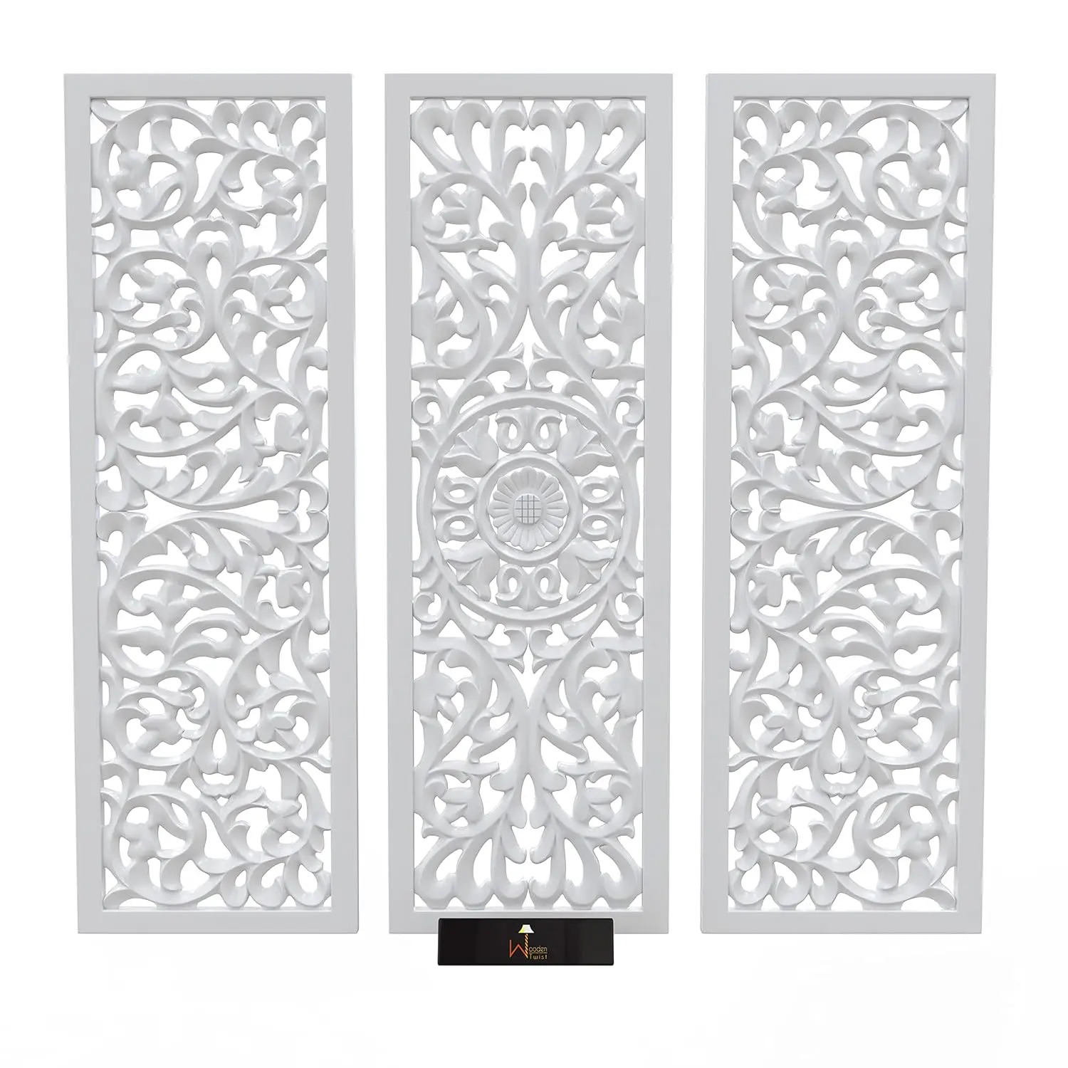 Modern Art & Craft Decorative Handcrafted White Antique Finished Wooden Wall Decor Panel Set of 3 for Sale from India