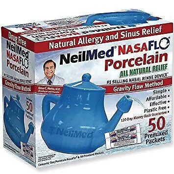 NeilMed NasaFlo Sinus Relief Porcelain Neti Pot With 50 Sachets  Natural Allergy and Sinus Relief