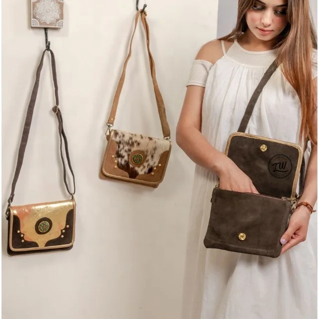 LW Handmade Genuine Suede Leather Western Style Cow Hair On Leather Bags  Women Leather Sling Bags