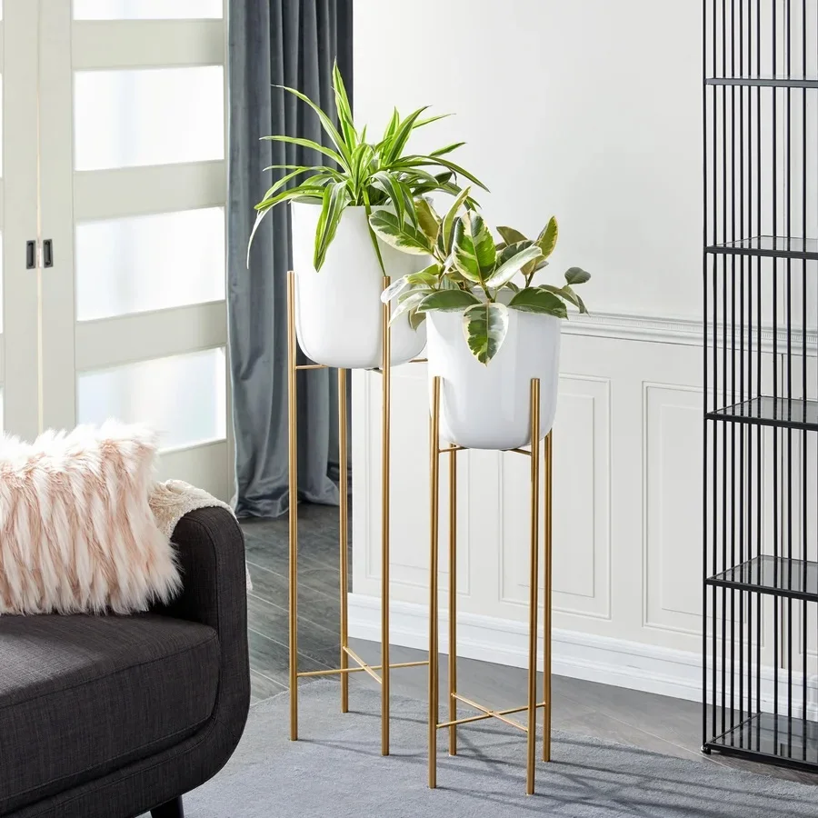Modern Gold Metal Flower Pot with White Stand Long Planter For Floor Table Decor Classic Plant Holder Display Made In India