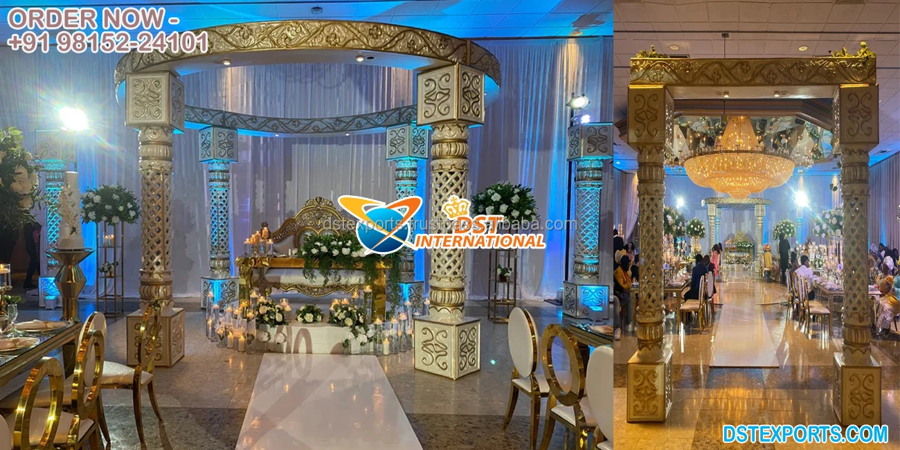 Special Design Elegant Wedding Metal Mandap South Asian Candle Pillar Wedding Mandap Dazzling Metallic Candle Lit Wedding Mandap