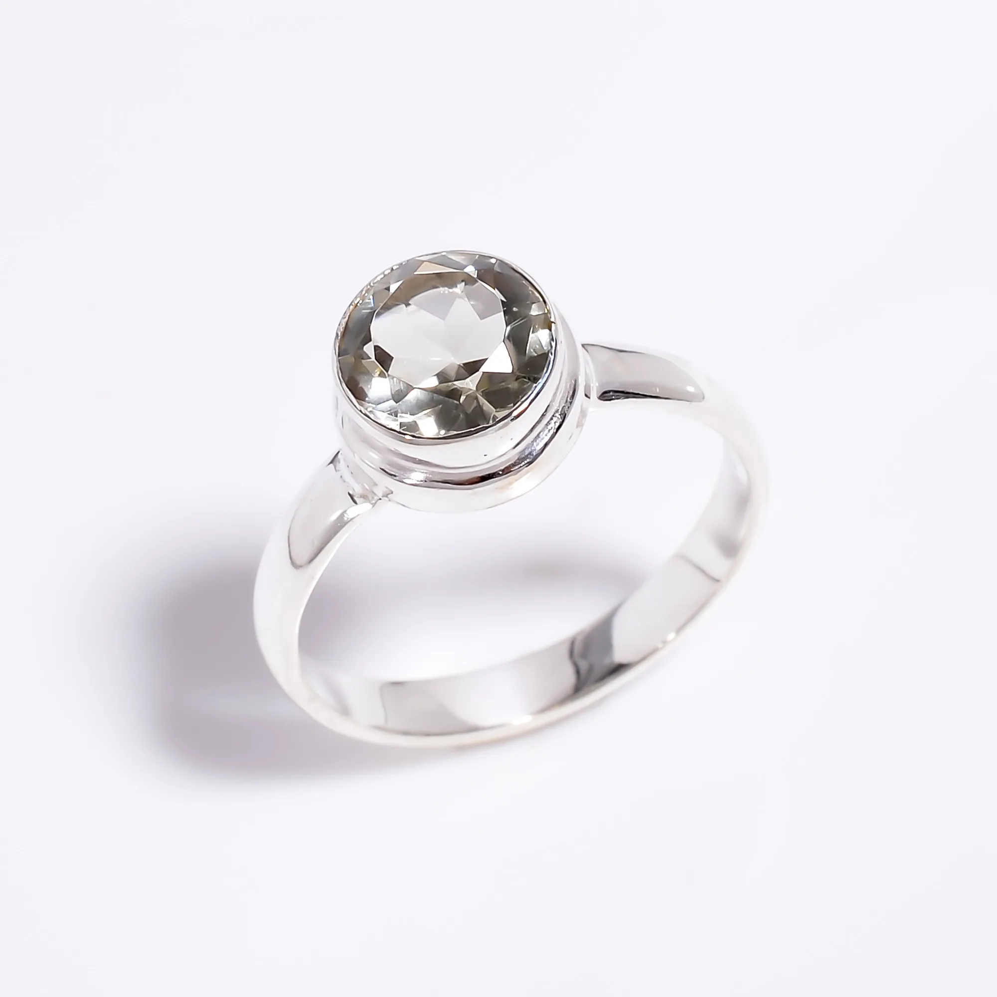 Natural Green Amethyst Round Cut Gemstone 925 Sterling Silver Ring Size US 9, Antique Silver Jewelry Exporter, Fine Jewelry