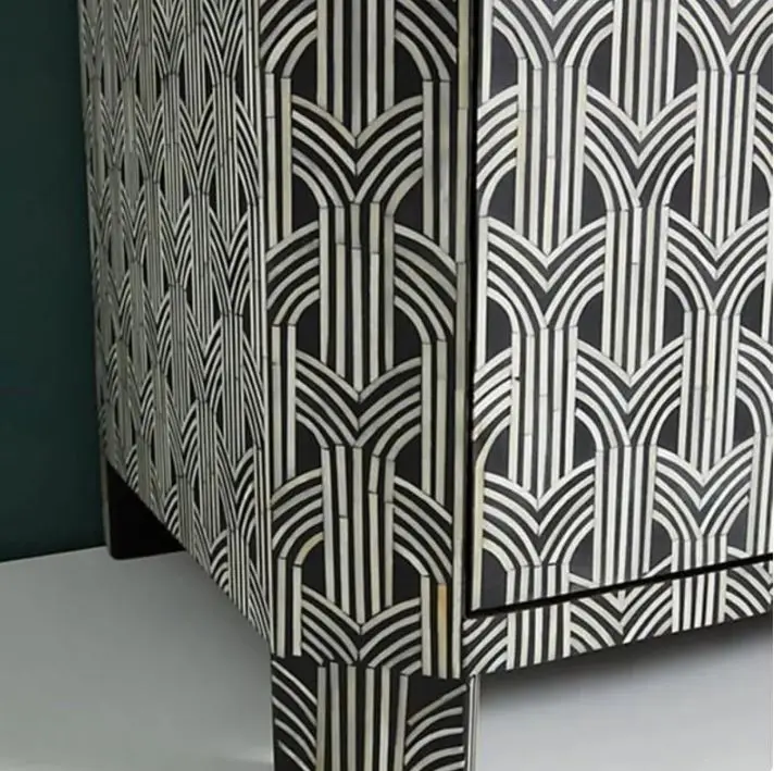 Modern Trending Hot Selling Bone Inlay Handmade 3 Drawers 2 Door Sideboard Buffet Dresser Optical Pattern Bone Inlay Furniture