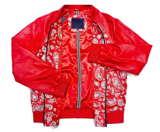 Red Cowhide Leather Paisley Print Perforated leather Sleeves Bomber Jacket