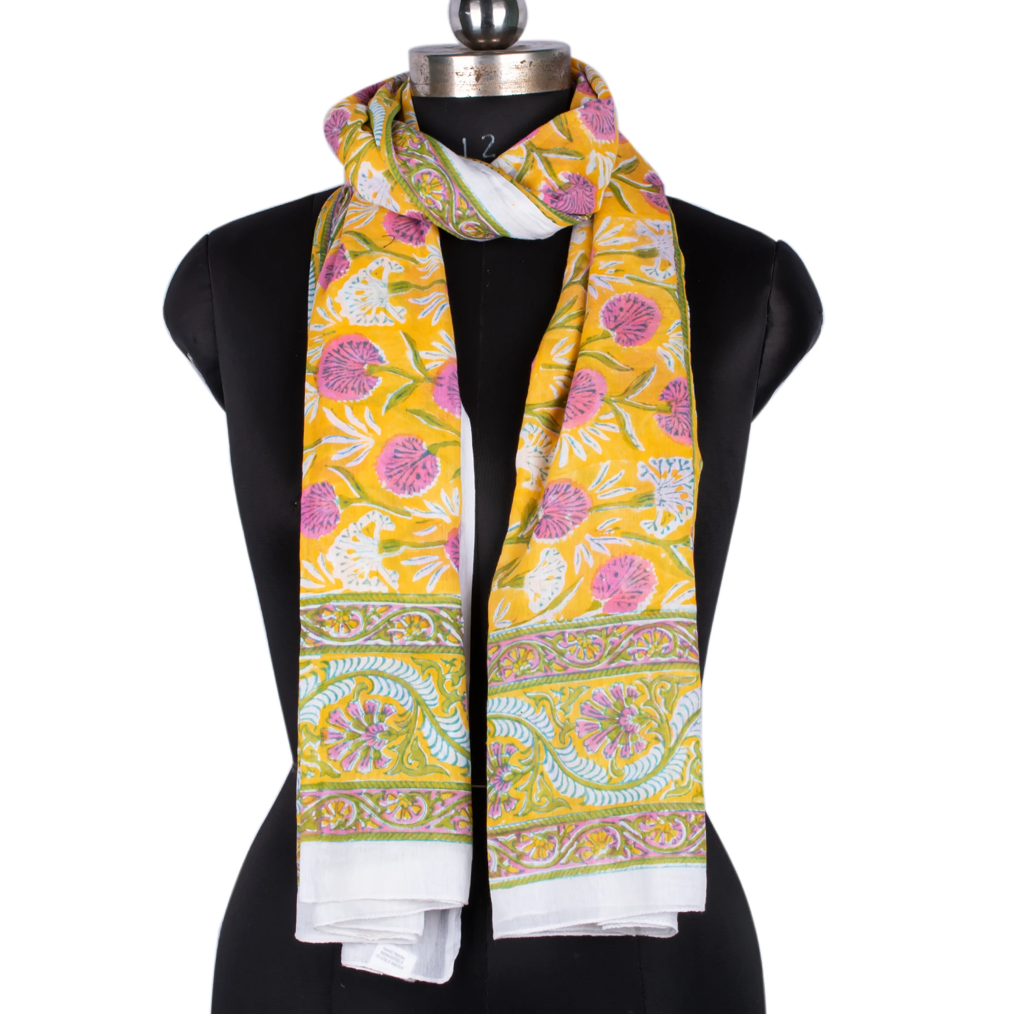 Winter Floral Block Printed Cotton Scarf Handmade Yellow Indian Stole Scarves-Summer Pareo Beach Sarong Swim Cover Ups Wholesale