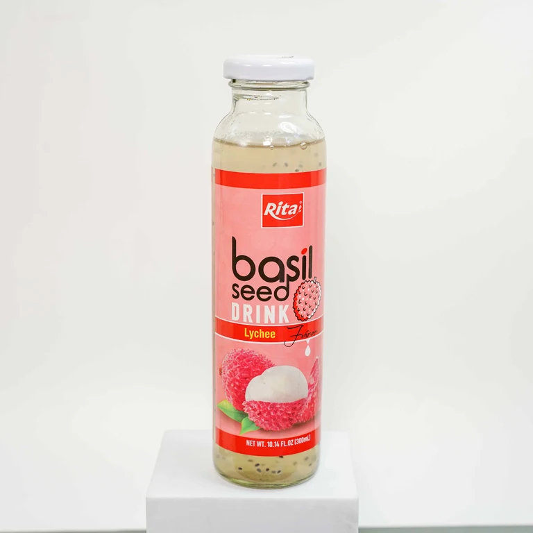 Private Label Accepted Natural Chia Basil Seed Drink Lychee Fruit  Glass Bottle Vietnam Good Quality Fast Delivery Healthy Drink