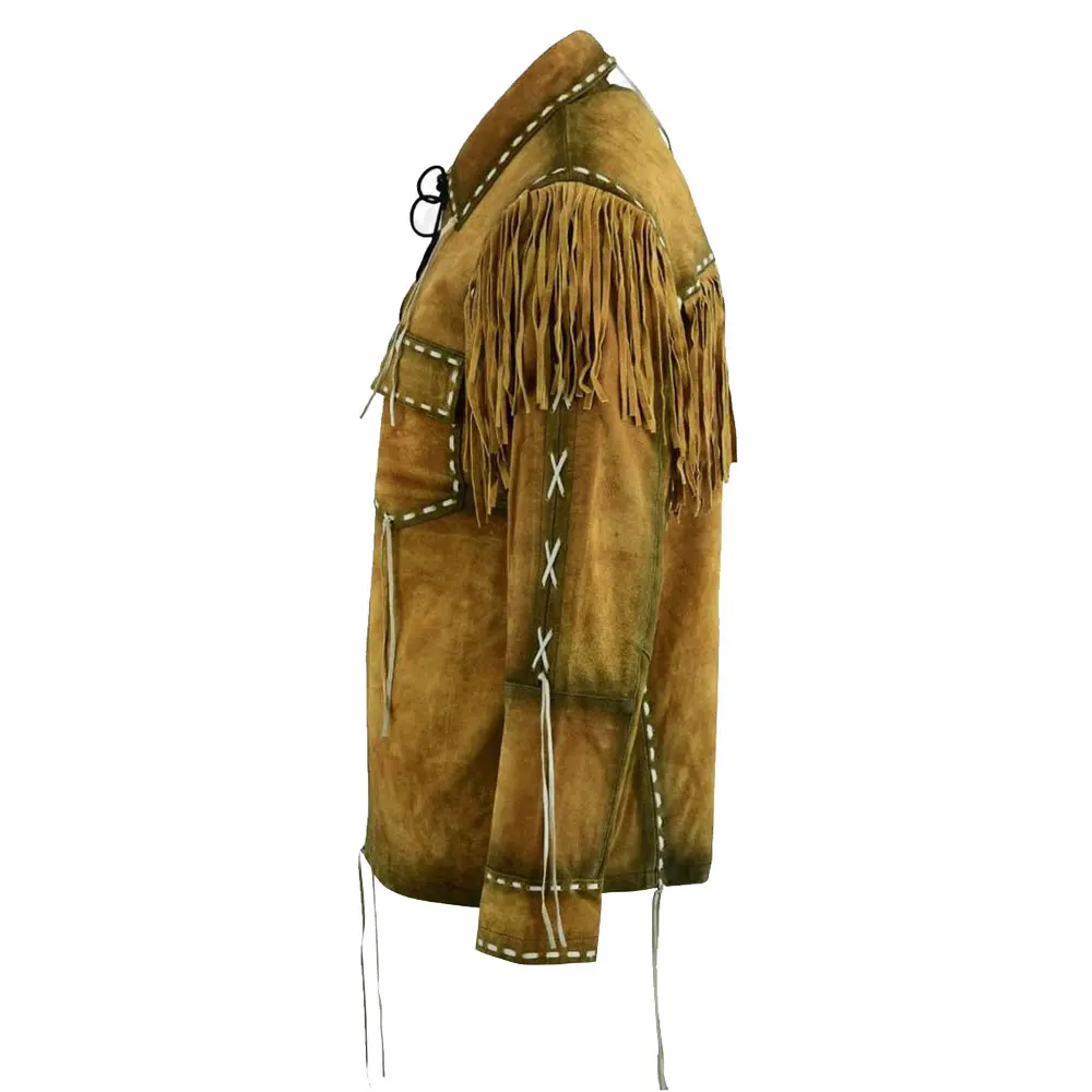 100% Genuine Cow Suede Leather Warrior Western Style Indian Style American Style fringed & Beaded Leather Shirt For Men 2024