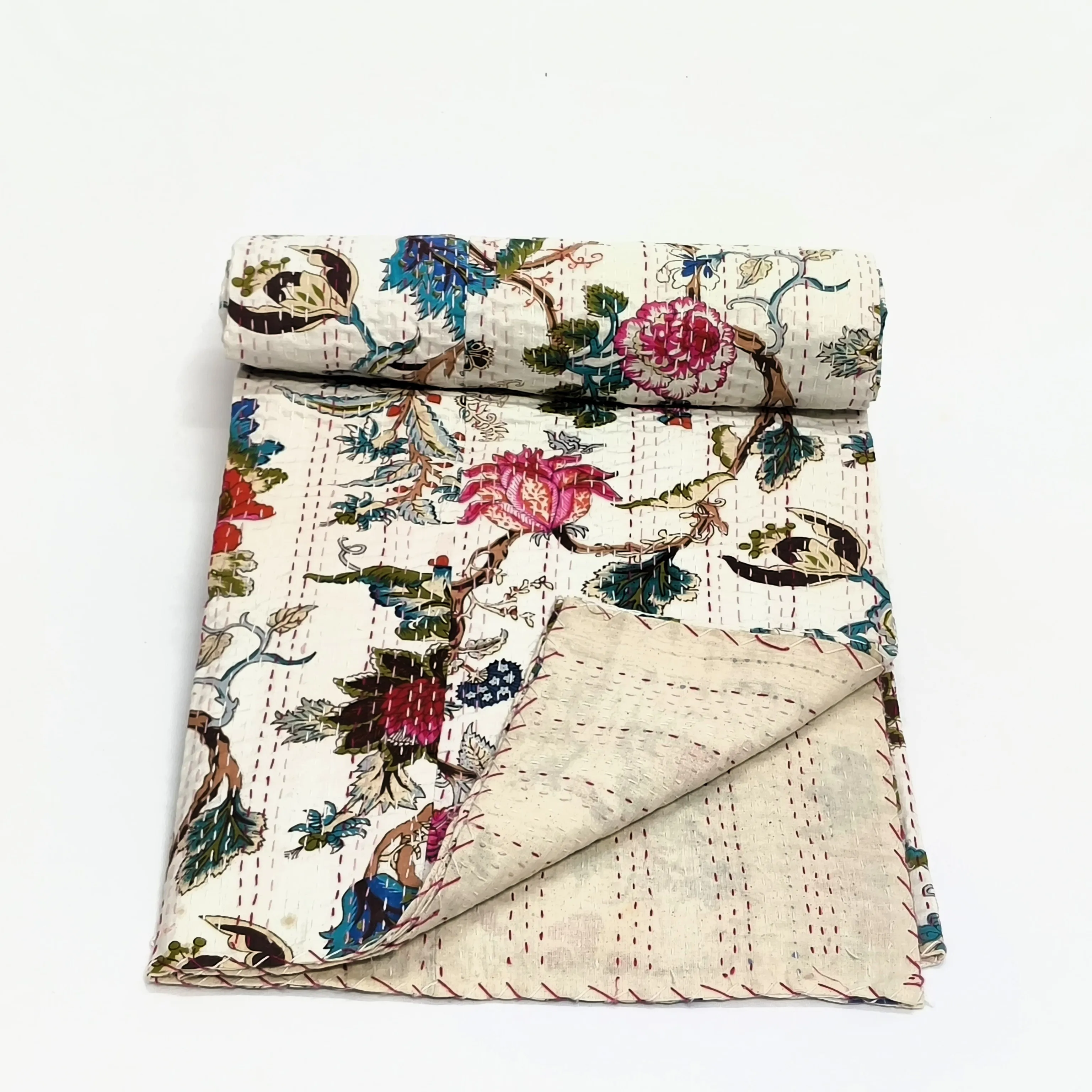 Handmade Vintage Reversible Bedspread Embroidered Patchwork Kantha Quilts for Home & Hotel Decor Filled Cotton Adults Travelers