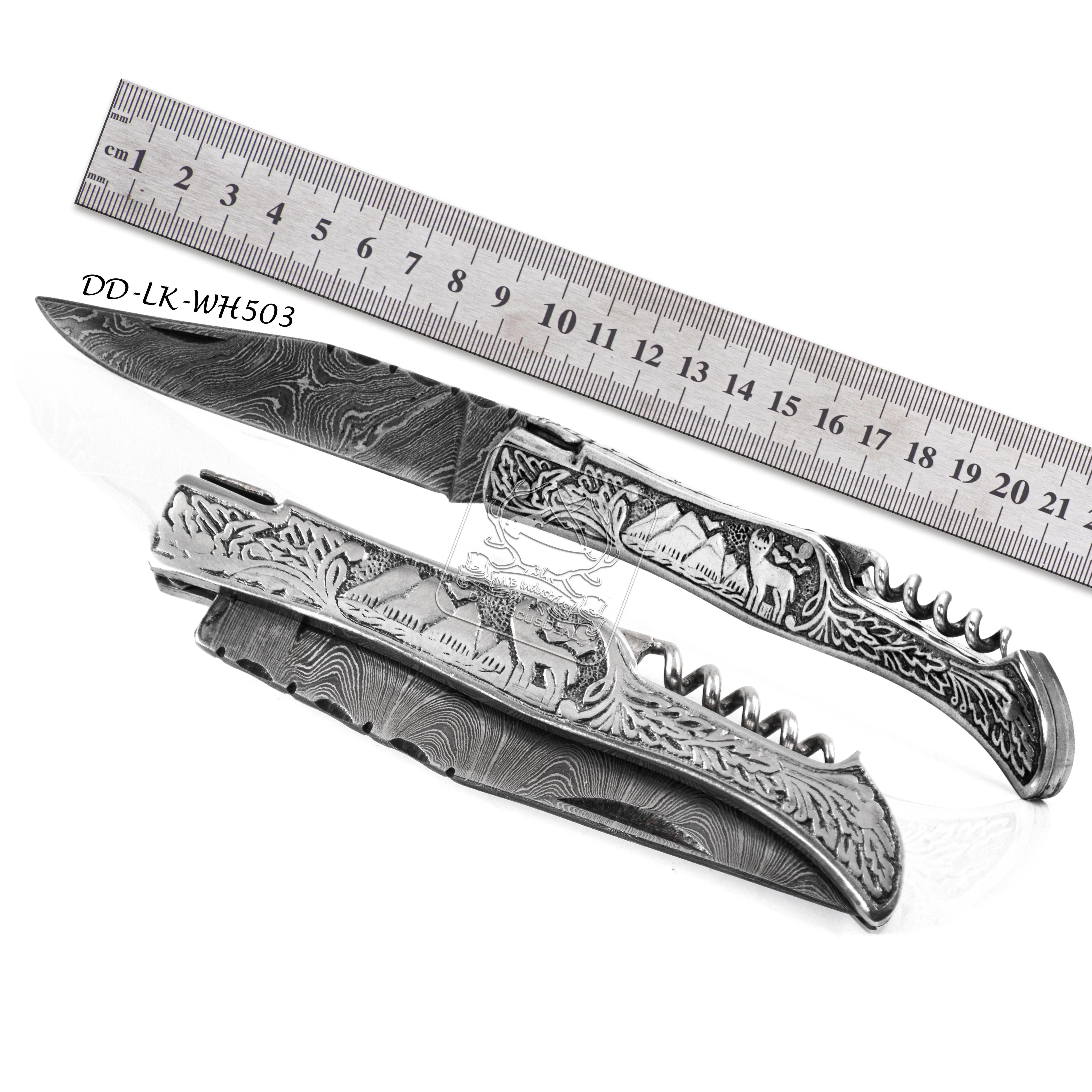 Wholesale Damascus Steel Laguiole Pocket Knife DD-LK-WH502 Engraved Stainless Steel, Brass and Copper Handle with Cow Leather